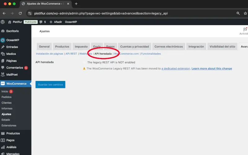API heredada en Avanzado en Ajustes en WooCommerce