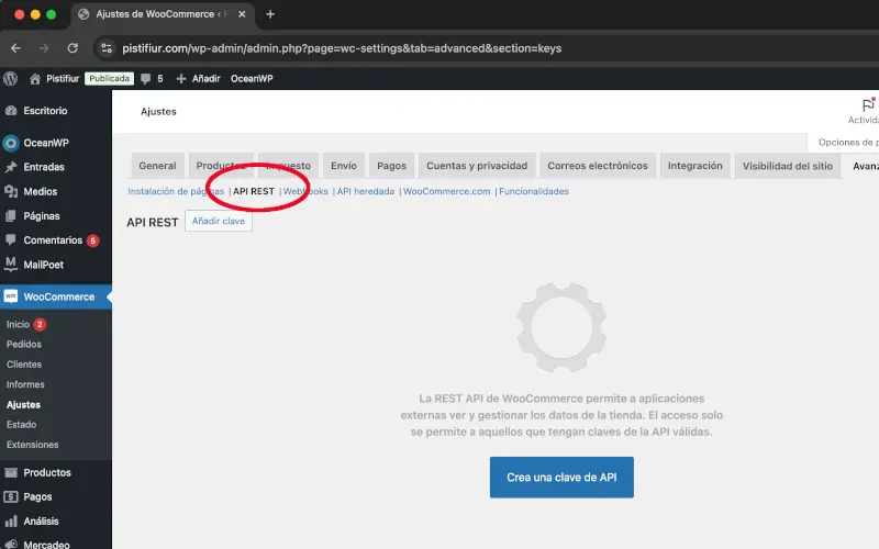 API REST en Avanzado en Ajustes en WooCommerce