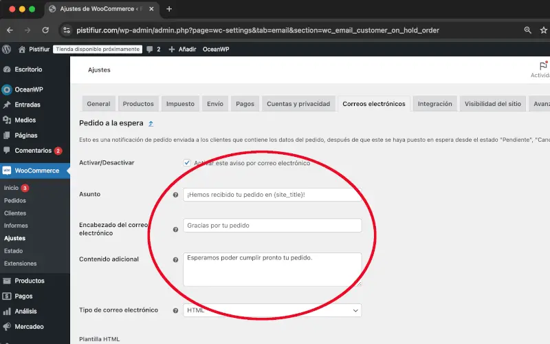 Asunto, Encabezado y Contenido del aviso de Pedido en espera en Correos electrónicos en Ajustes en WooCommerce