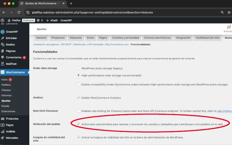 Atribución del pedido en Funcionalidades en Avanzado en Ajustes en WooCommerce