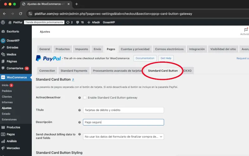 Botón de tarjetas estándar PayPal en Pagos en Ajustes en WooCommerce