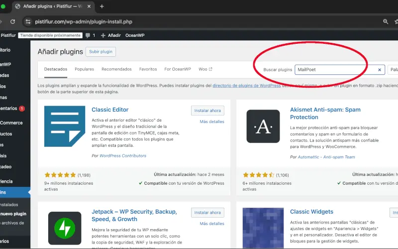 Buscar plugin para MailPoet en WordPress