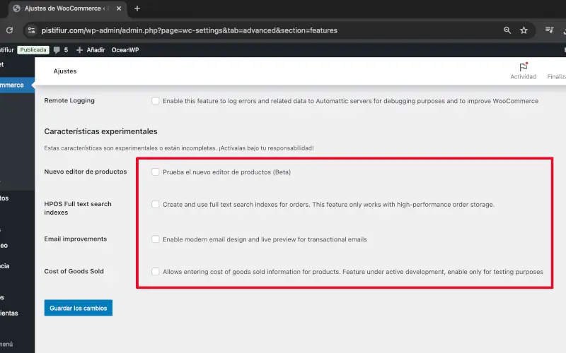 Características experimentales en Funcionalidades en Avanzado en Ajustes en WooCommerce