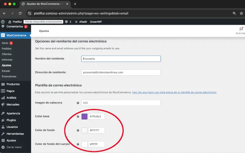 Color del encabezado, fondo y cuerpo en Correos electrónicos en Ajustes en WooCommerce