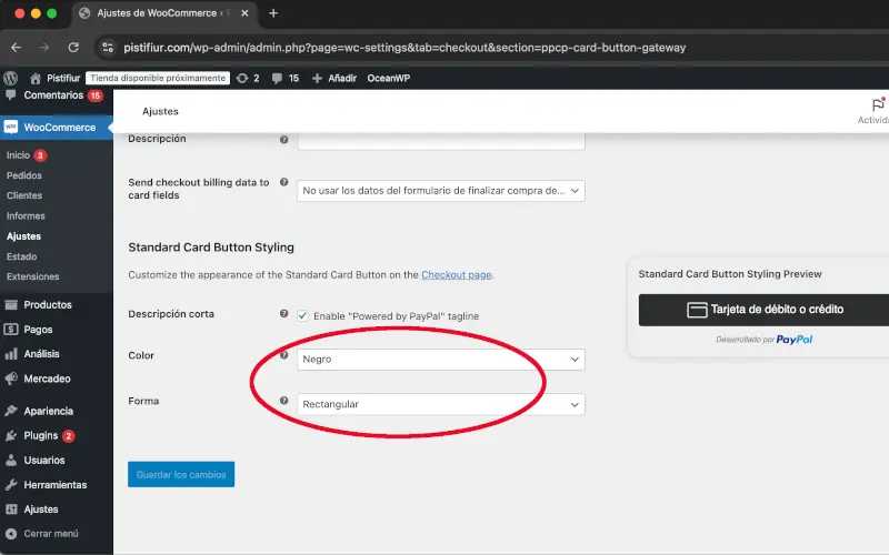 Color y Forma del botón de tarjetas estándar PayPal en Pagos en Ajustes en WooCommerce