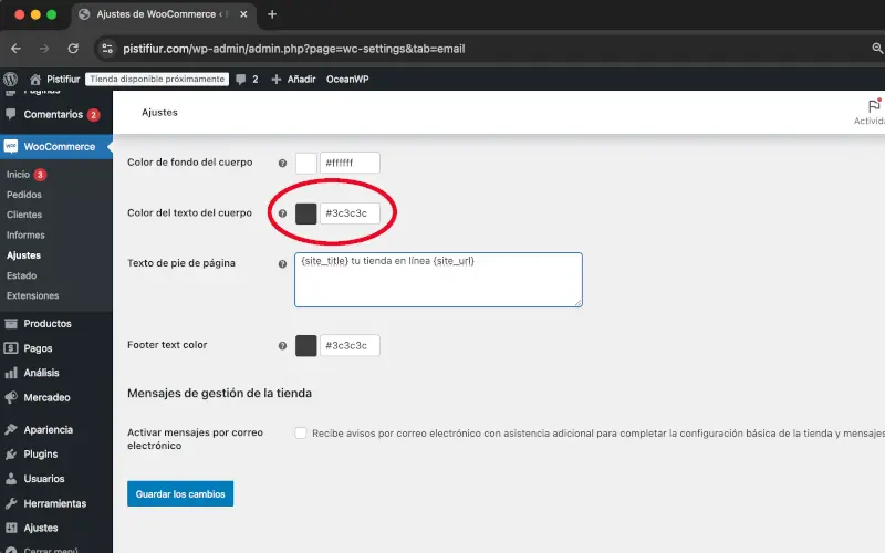 Color del texto del cuerpo en Correos electrónicos en Ajustes en WooCommerce
