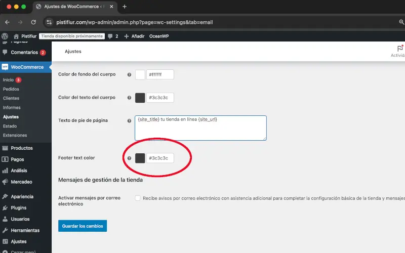 Color de texto de pie de página en Correos electrónicos en Ajustes en WooCommerce