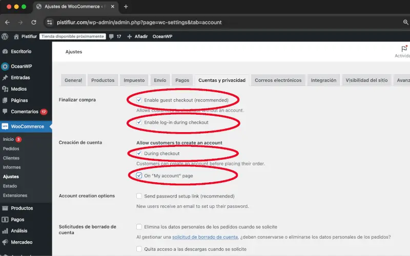Compra como invitado, crear y acceder a cuenta durante el pago y en Mi cuenta en Cuentas y privacidad en Ajustes en WooCommerce