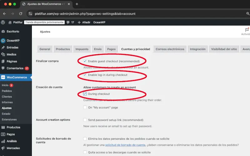 Compra como invitado, crear y acceder a cuenta en Cuentas y privacidad en Ajustes en WooCommerce