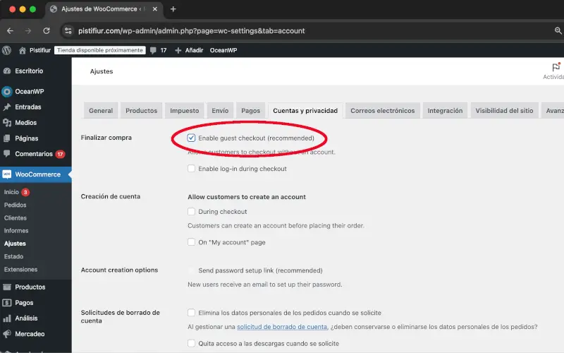 Compra como invitado en Cuentas y privacidad en Ajustes en WooCommerce