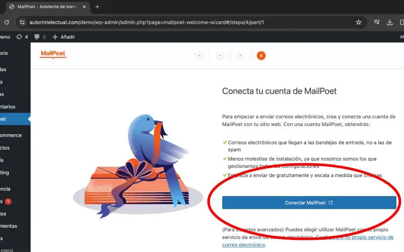 Conectar en MailPoet en Correos electrónicos en Ajustes en WooCommerce