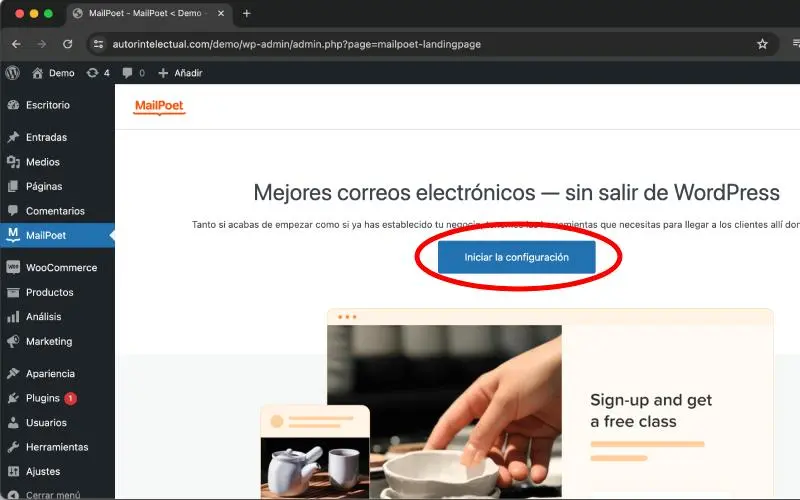 Configuración en MailPoet en Correos electrónicos en Ajustes en WooCommerce