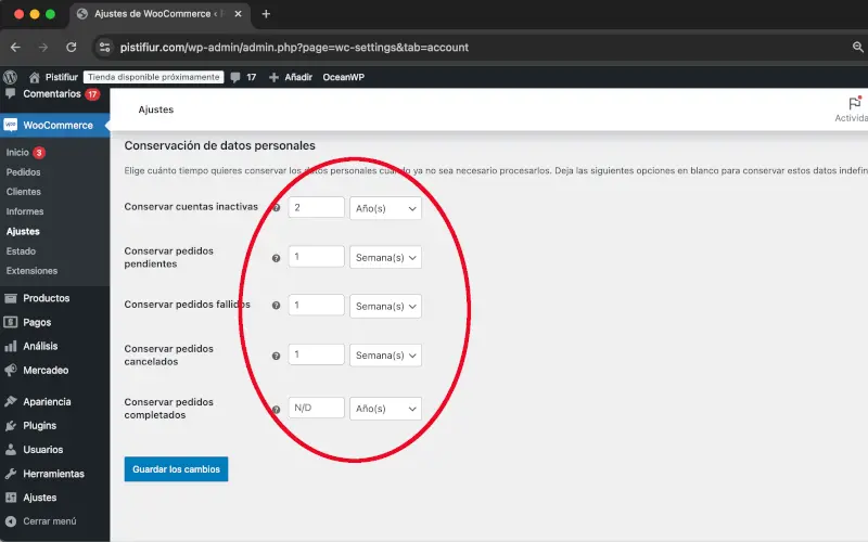 Conservación de datos personales en Cuentas y privacidad en Ajustes en WooCommerce