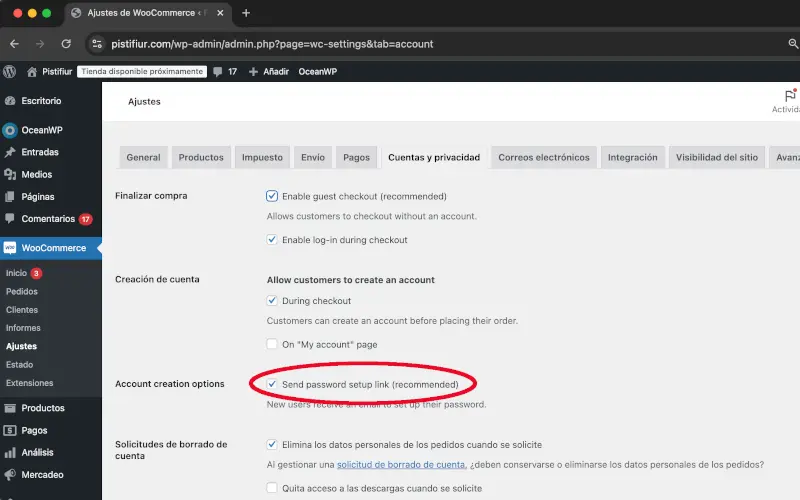 Creación de cuenta y envío de enlace en Cuentas y privacidad en Ajustes en WooCommerce
