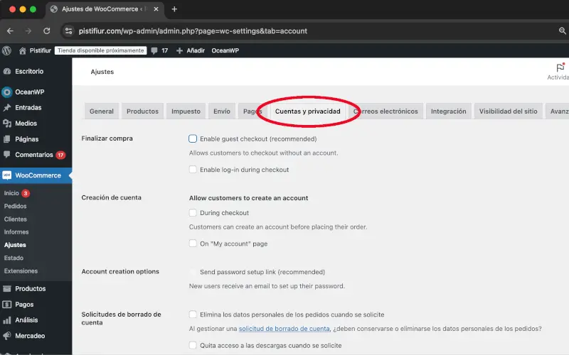 Cuentas y privacidad en Ajustes en WooCommerce