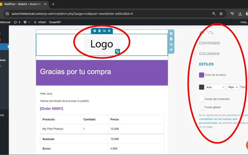 Editar plantilla con MailPoet en Correos electrónicos en Ajustes en WooCommerce