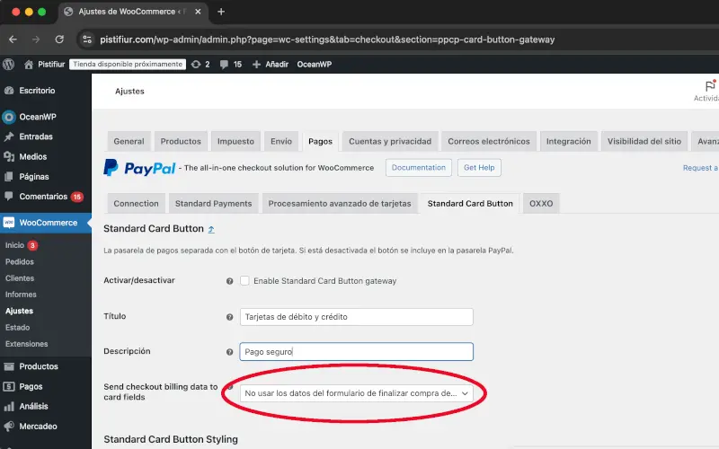 Enviar datos en botón de tarjetas estándar PayPal en Pagos en Ajustes en WooCommerce