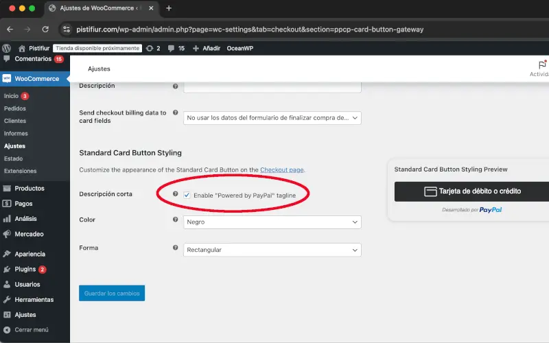 Estilo del botón de tarjetas estándar PayPal en Pagos en Ajustes en WooCommerce