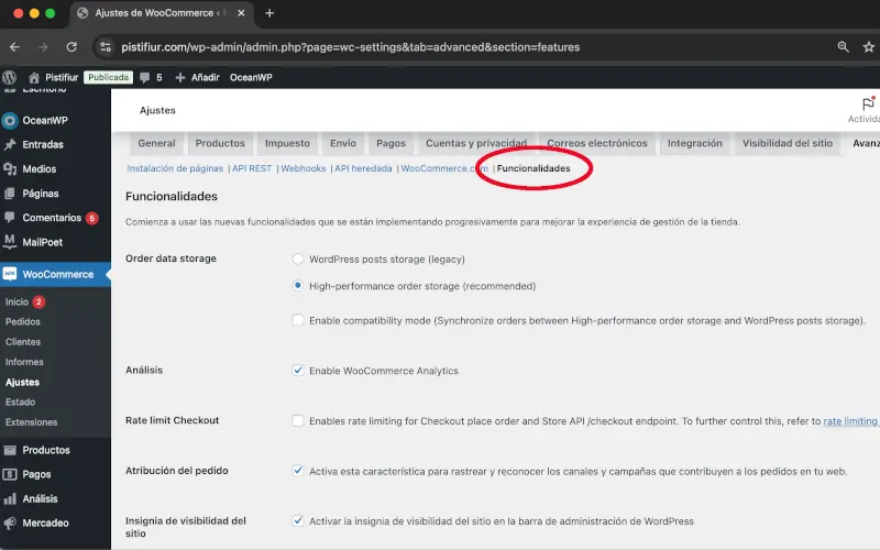 Funcionalidades en Avanzado en Ajustes en WooCommerce
