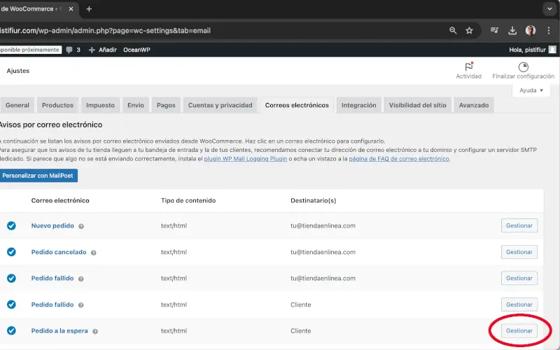 Gestionar Pedido en espera en Correos electrónicos en Ajustes en WooCommerce