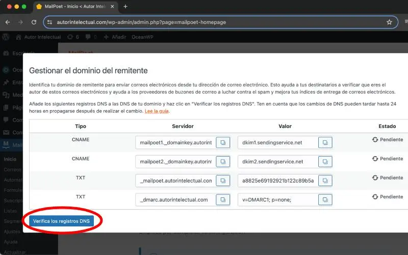 Gestionar el dominio del remitente en MailPoet en Correos electrónicos en Ajustes en WooCommerce