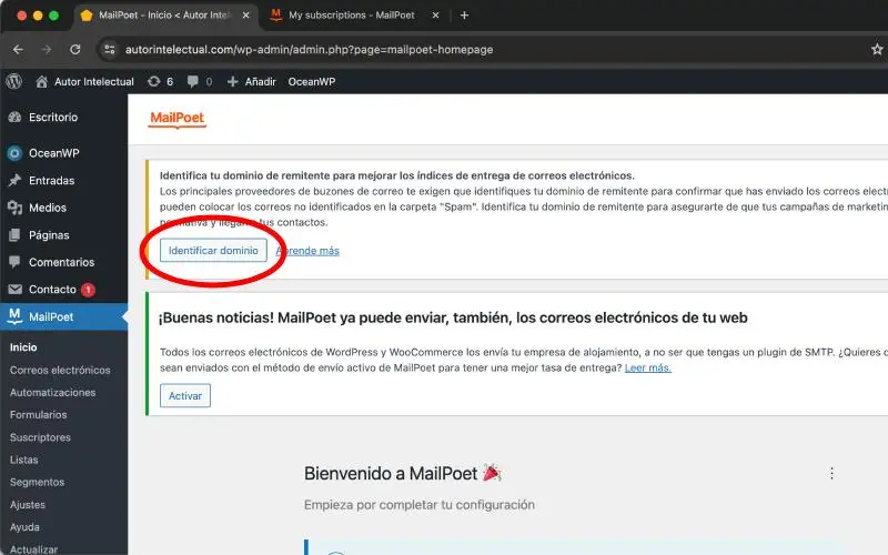Identificar dominio en MailPoet en Correos electrónicos en Ajustes en WooCommerce