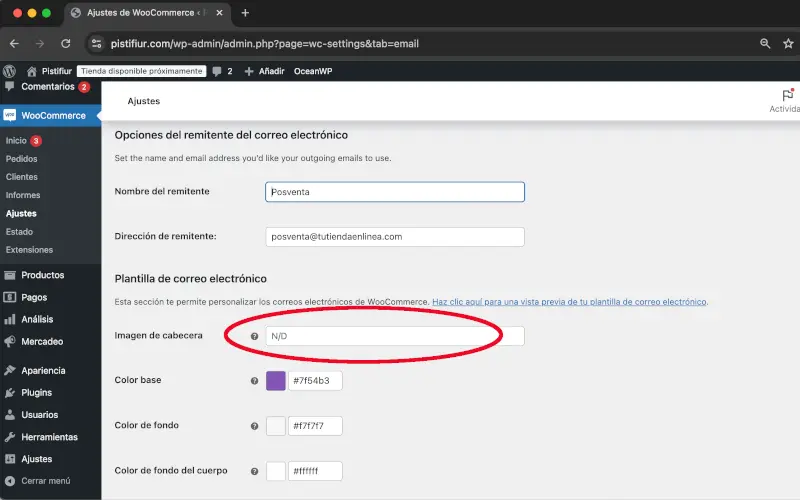 Imagen de cabecera en Correos electrónicos en Ajustes en WooCommerce