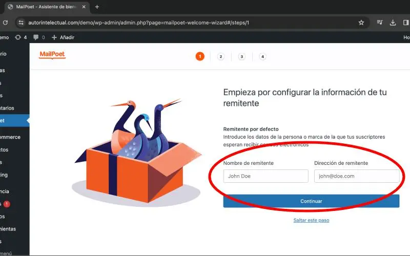 Información del remitente en Configuración en MailPoet en Correos electrónicos en Ajustes en WooCommerce