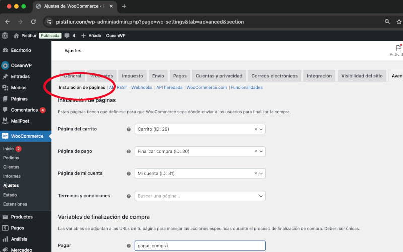Instalación de páginas en Avanzado en Ajustes en WooCommerce