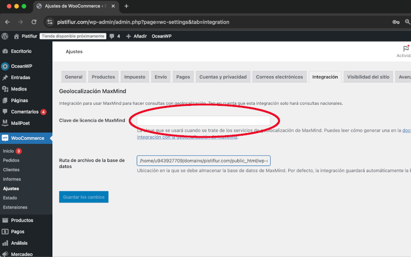 MaxMind en Integración en Ajustes en WooCommerce