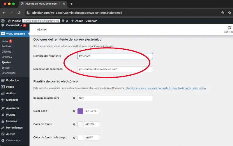 Nombre y dirección del remitente en Correos electrónicos en Ajustes en WooCommerce