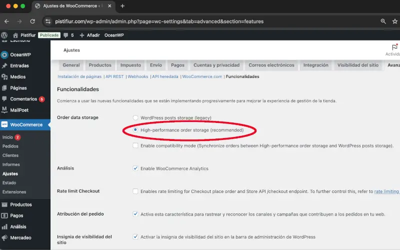 Order data storage en Funcionalidades en Avanzado en Ajustes en WooCommerce