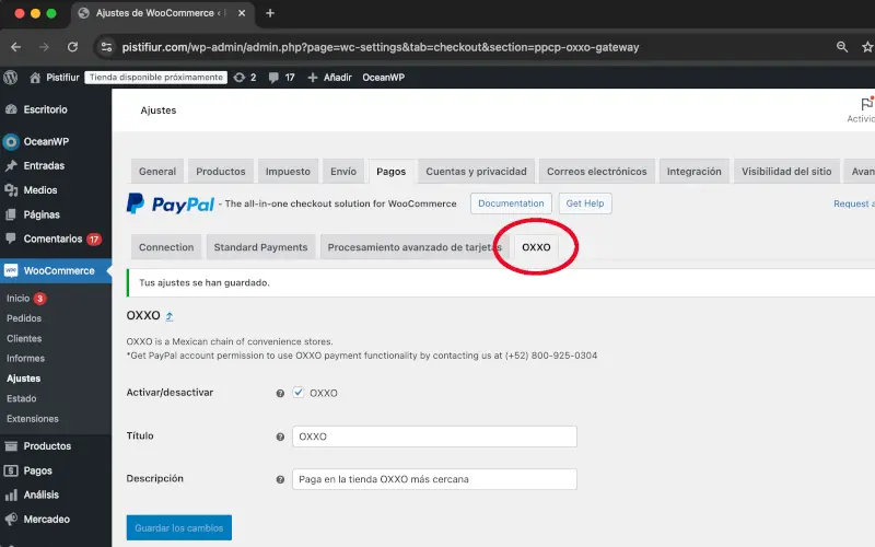 OXXO en PayPal en Pagos en Ajustes en WooCommerce