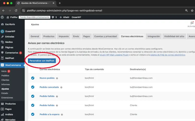 Personalizar con MailPoet en Correos electrónicos en Ajustes en WooCommerce