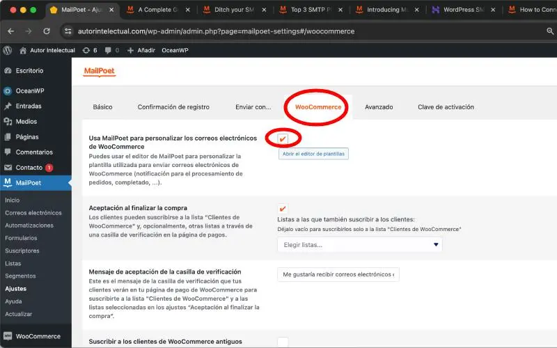 Personalizar correos electrónicos en MailPoet en Correos electrónicos en Ajustes en WooCommerce
