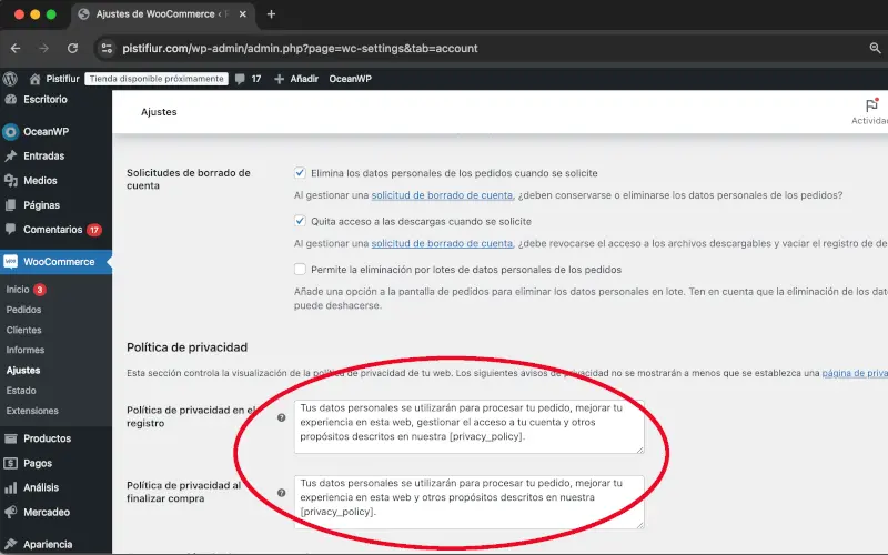 Política de privacidad en Cuentas y privacidad en Ajustes en WooCommerce