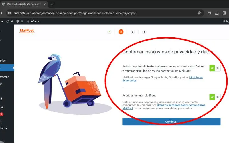 Privacidad y datos en MailPoet en Correos electrónicos en Ajustes en WooCommerce