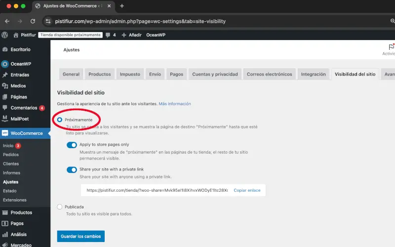 Mensaje Próximamente en Visibilidad del sitio en Ajustes en WooCommerce