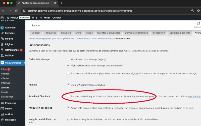 Rate limit Checkout en Funcionalidades en Avanzado en Ajustes en WooCommerce