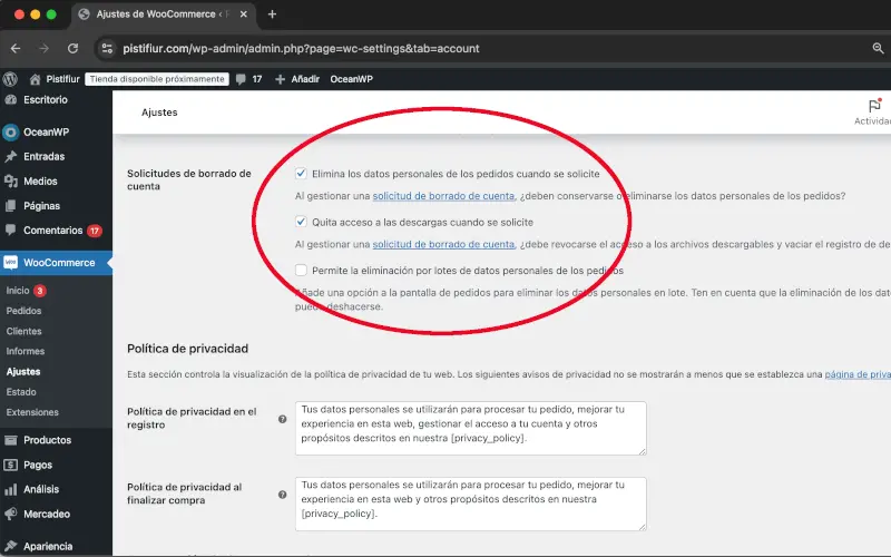 Solicitud de borrado de cuenta en Cuentas y privacidad en Ajustes en WooCommerce
