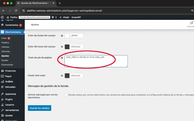 Texto de pie de página en Correos electrónicos en Ajustes en WooCommerce