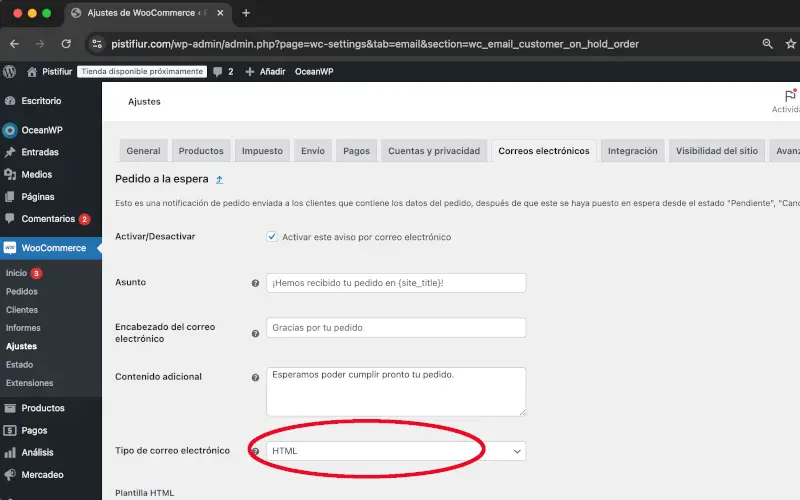 Tipo de correo electrónico del aviso de Pedido en espera en Correos electrónicos en Ajustes en WooCommerce