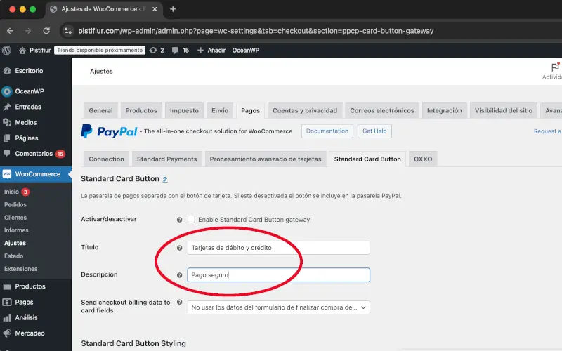 Título y descripción del botón de tarjetas estándar PayPal en Pagos en Ajustes en WooCommerce