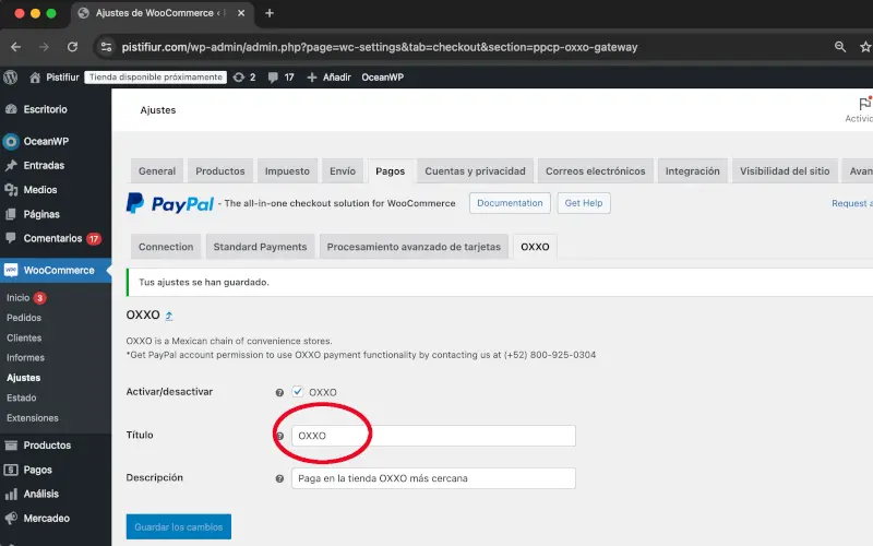 Título de OXXO en PayPal en Pagos en Ajustes en WooCommerce