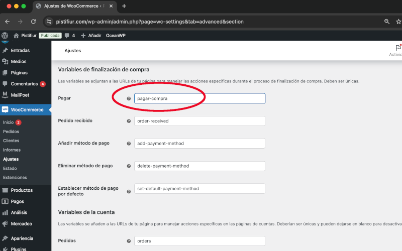 Variables de instalación de páginas en Avanzado en Ajustes en WooCommerce
