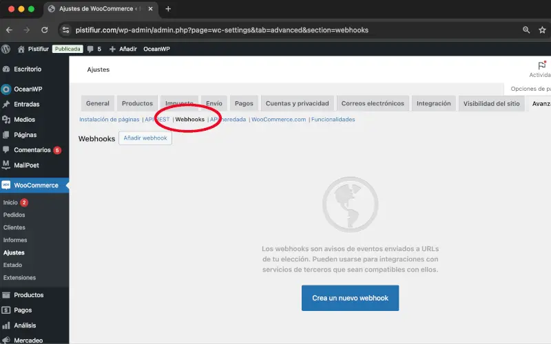 Webhooks en Avanzado en Ajustes en Woocommerce