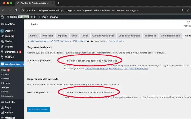WooCommerce.com de Avanzado de Ajustes de WooCommerce