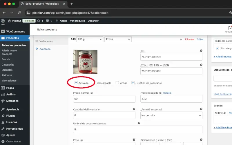 Activado en Variaciones en Datos del producto en Productos en WooCommerce