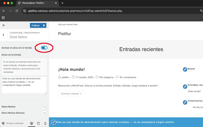 Activar Aviso de tienda en Personalizar en WooCommerce