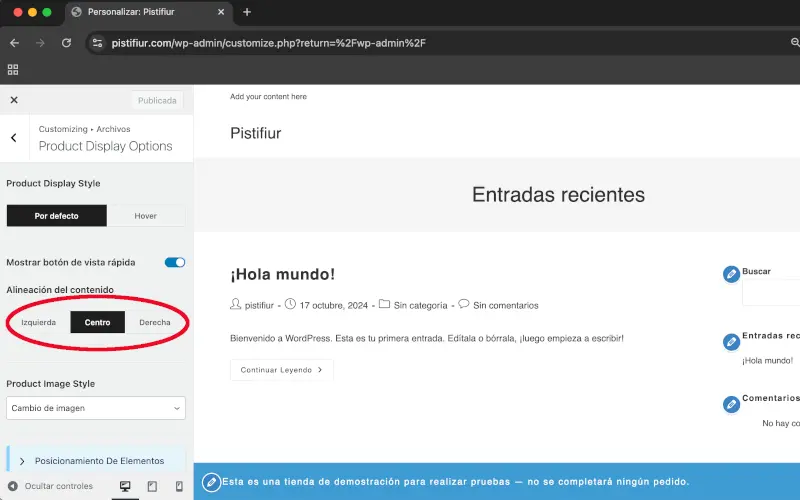 Alineación de contenido en Opciones de visualización en Archivos en Personalizar en WooCommerce